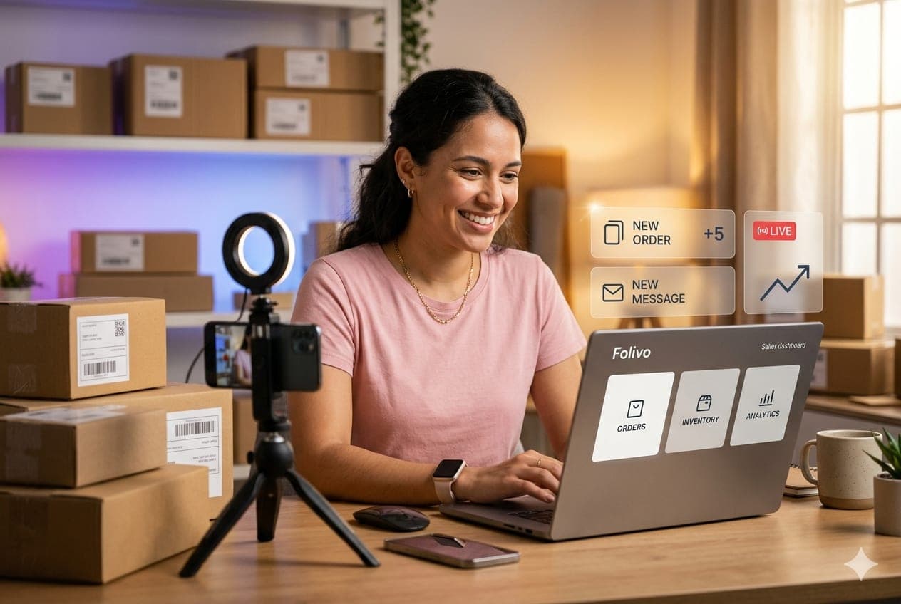 A smiling entrepreneur managing her online store on a laptop, with shipping boxes, a ring light, and floating notifications for new orders and sales.